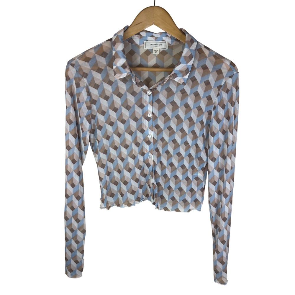no comment Y2K 90's NY LA Geometric Print Sheer Mesh Button Up Shirt Top XL